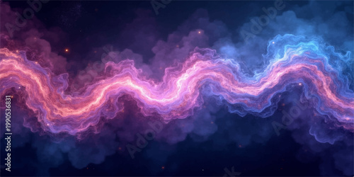 Abstract colorful smoke swirls like a celestial storm through a dark blue sky, creating a bright textured cloudscape backdrop of light and space