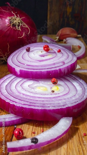 Sliced red onions stacked with peppercorns on wooden board