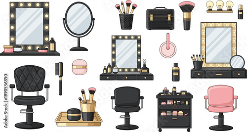 
Beauty Salon and Vanity Setup Set with Hollywood Mirror, Makeup Chair, Brush, Cosmetic Case, and Dressing Table for Glamour Designs