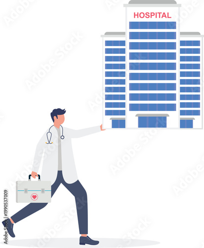 Specialist doctor rushing with medical bag towards hospital