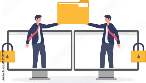 Business professionals transferring data folder between screens