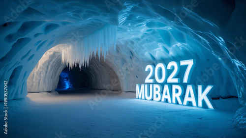 Ice cave interior displays a glowing 2027 Mubarak sign set against the freezing walls of a vast polar cavern, representing a futuristic winter celebration for the upcoming holiday season period.