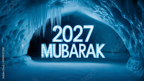 Ice cave features a glowing 2027 Mubarak sign set against deep blue frozen walls with hanging icicles to celebrate the upcoming new year in a chilly and atmospheric winter holiday environment.