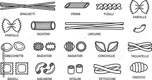 Hand drawn pasta variety a culinary collection of italian shapes and textures in black and white