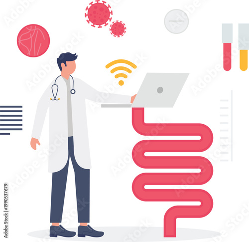 Specialist researching digestive system intestines on laptop