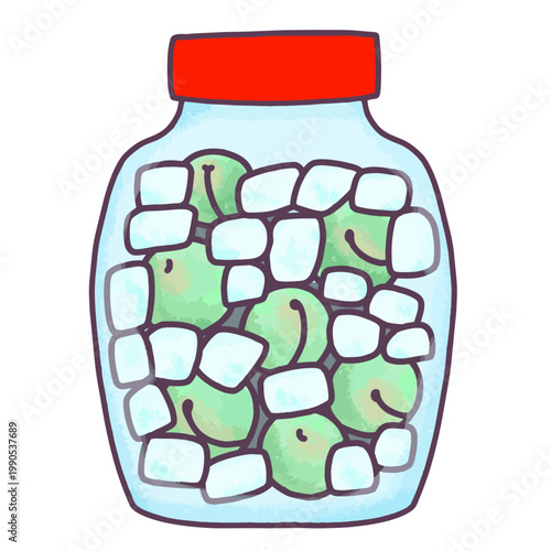 Cute hand-drawn Japanese plum syrup jar illustration with green ume and sugar in glass jar, homemade preserved food clipart on white background