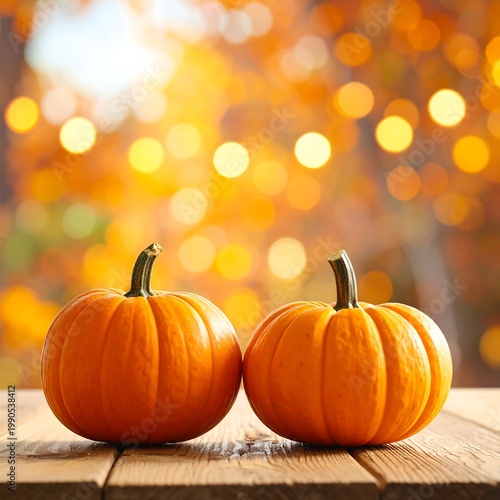 Two small pumpkins on a wooden table with a blurred autumn background