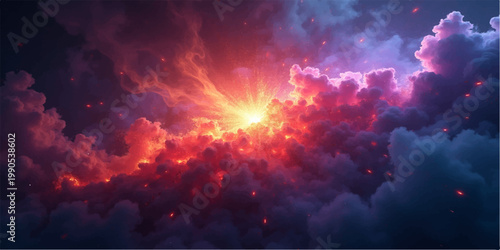 A celestial supernova explosion ignites the dark cosmos, blending fire and smoke into a red nebula texture with fractal patterns across a star-filled galaxy