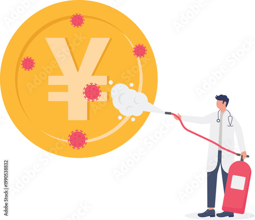 Expert sanitizing Japanese Yen coin from viral contamination