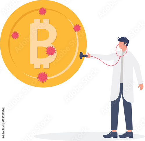 Expert conducting clinical exam on Bitcoin cryptocurrency coin