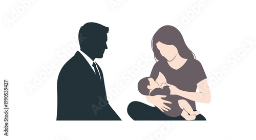 A silhouette of a man sitting beside a mother breastfeeding her baby.