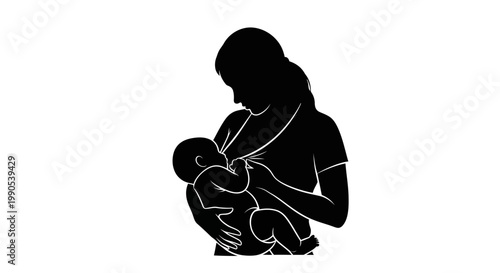Silhouette of a mother breastfeeding her baby isolated on white background.