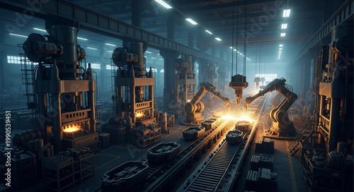 Automated robotic arms working in a modern factory assembly line.