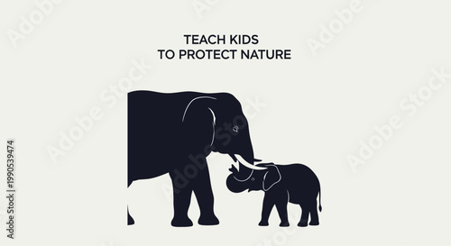 Silhouette illustration of a mother elephant with her baby calf.
