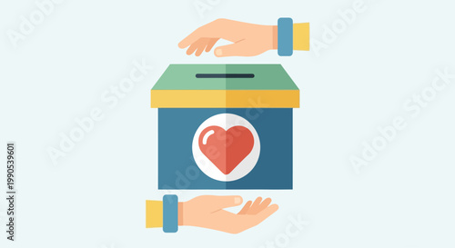 Donation Box Illustration with Heart Icon and Hands Giving and Receiving.