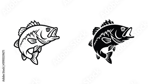 Jumping bass fish icon set in outline and solid black silhouette style for sport fishing and outdoor adventure activity branding