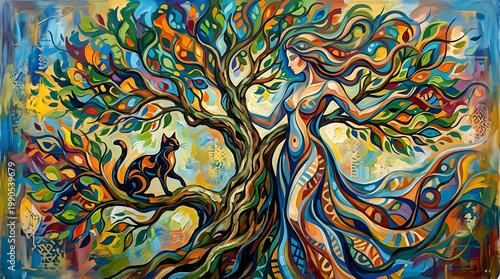 Vibrant tree of life with woman and cat, colorful abstract art