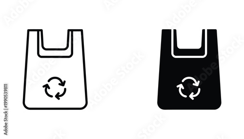 Eco friendly plastic bag icon with universal recycling symbol in outline and solid black graphic styles for sustainable packaging design