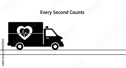 Ambulance with Heartbeat Symbol and Text Every Second Counts.
