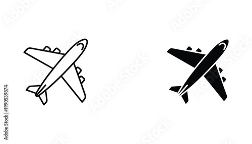 Commercial airplane silhouette icons in outline and solid vector design styles for aviation industry and travel agency branding projects isolated on white background