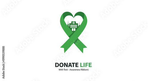 Green Donate Life Ribbon Heart Symbol with Hospital Building.