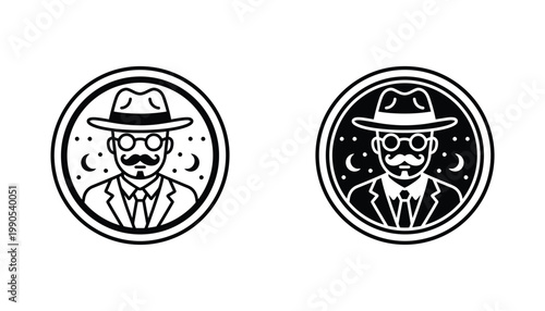 Mysterious detective avatar icon set featuring man with hat and mustache in circular frame in outline and solid black vector style for character branding