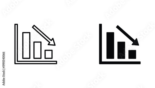 Business chart showing downward trend icon set with falling bar graph in outline and solid black vector style for financial analysis and reporting
