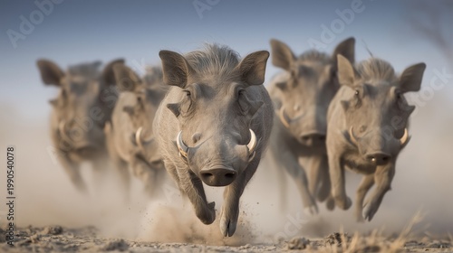 Herd of warthogs running through the dusty African savanna