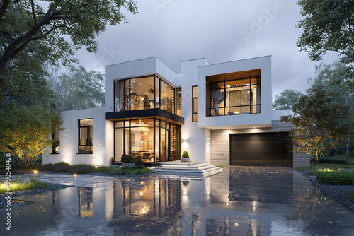 Modern white house exterior wet reflective driveway large glass windows evening lighting contemporary architecture rainy weather luxury home two story building landscaped garden cozy interior