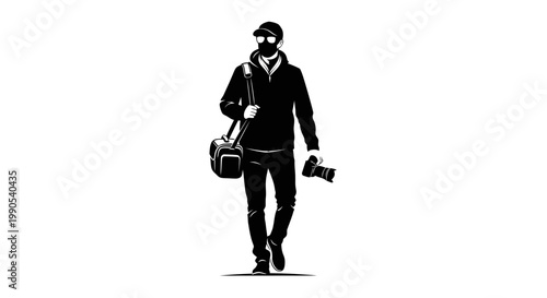 Silhouette of a photographer carrying camera bag and camera.