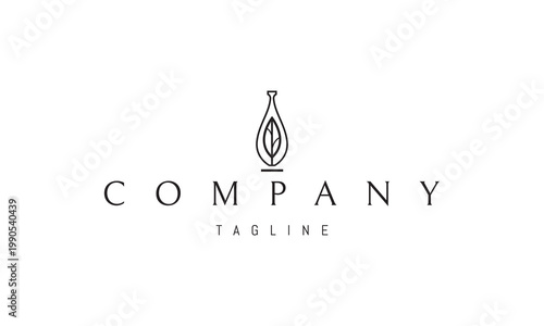 A vector logo featuring an abstract image of a bottle with a leaf inside symbolizing natural products, eco lifestyle and organic purity.