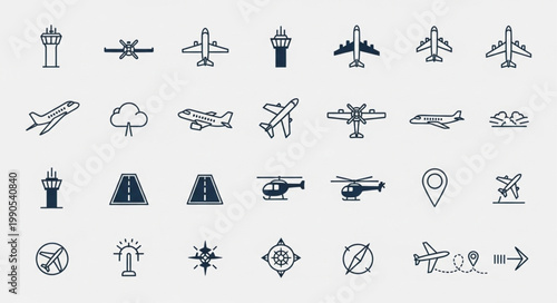 Collection of airplane and airport icons for aviation themes.