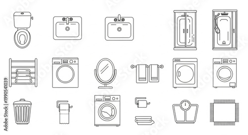 Collection of bathroom and laundry room icons in sketch style.