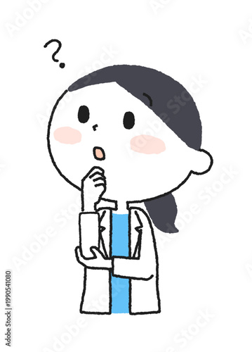 顎に手を当てて考える白衣の女性のイラスト