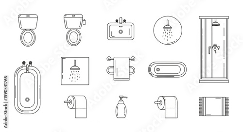 Collection of bathroom fixtures and accessories line art.