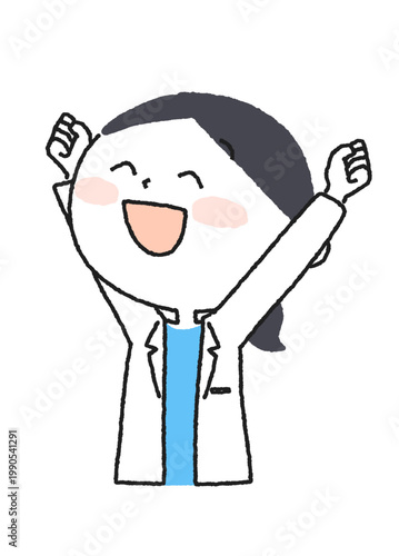 両手を挙げて喜ぶ白衣の女性のイラスト