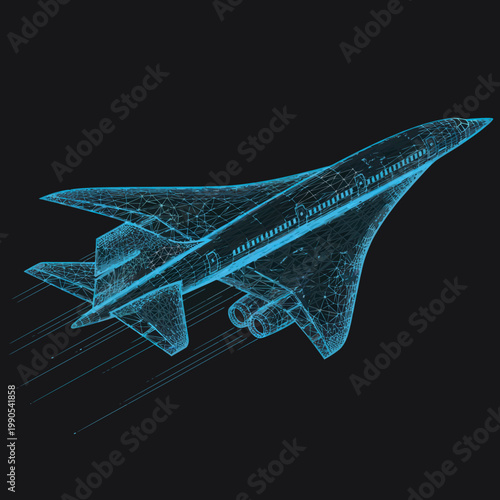 Blue Wireframe Airplane Model Design.