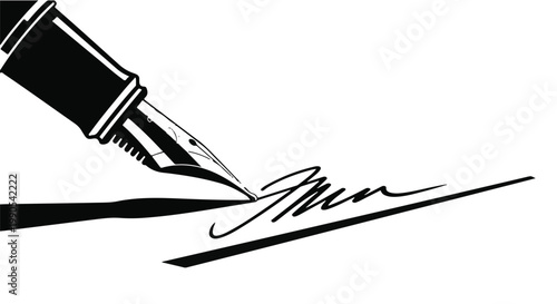 Fountain pen signing document in black ink on white background, business concept, contract agreement, elegant handwriting, office work