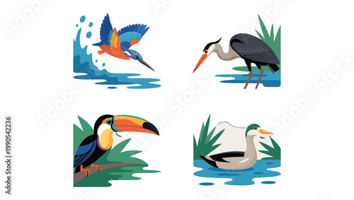 Bird Collection: A vibrant collection of bird illustrations, each depicting a unique avian species in its natural aquatic environment. Includes kingfisher, heron, toucan and duck.