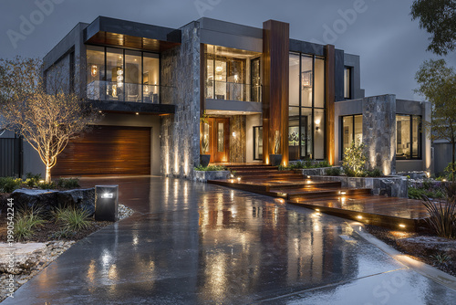 Modern house exterior with stone and wood facade illuminated by warm lights on rainy evening reflecting on wet driveway and wooden steps in landscaped garden