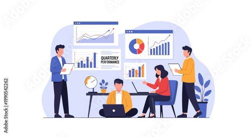 Group works together on quarterly performance review in an office setting