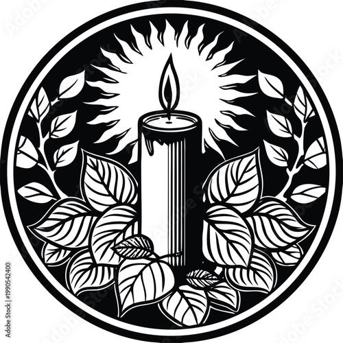 Black and white candle icon with leaves, sunburst, and flame, vector illustration