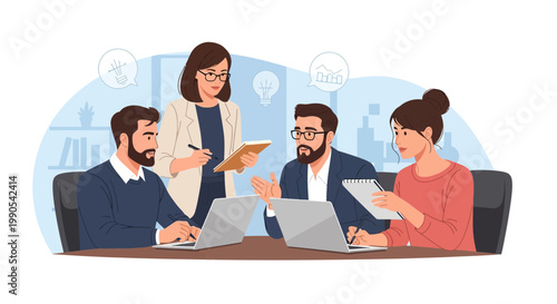 Meeting takes place in an office with four people discussing ideas and writing notes on laptops and notepads