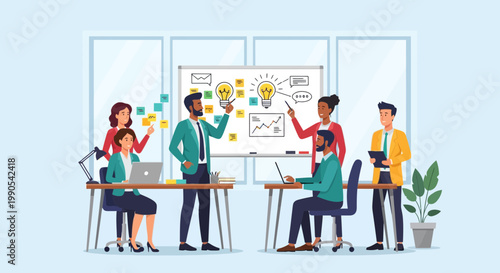 Team works together in office to brainstorm ideas and plan project tasks during a meeting in daylight hours