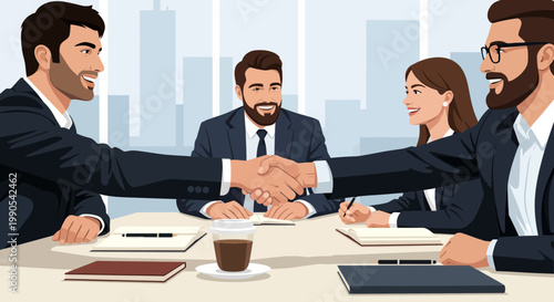 Business meeting with team members discussing partnership at a modern office in the city