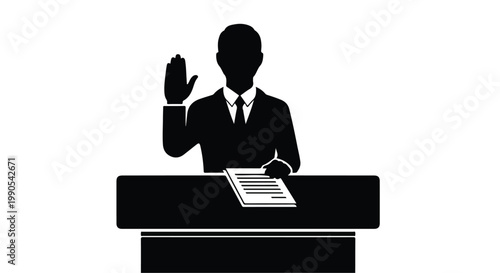 Businessman taking oath or making promise with hand raised in formal suit and tie at desk with document, symbolizing honesty and commitment in a professional setting