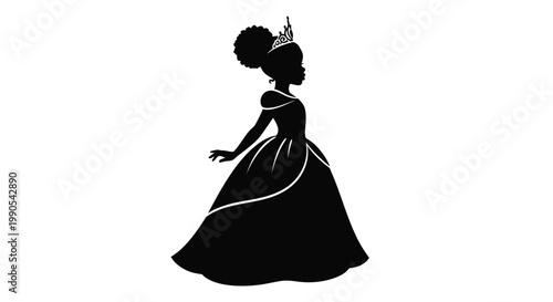 Elegant black princess with afro and crown on transparent background silhouette
