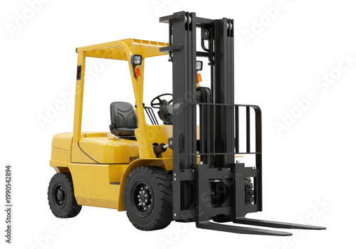 A yellow forklift with black wheels and forks