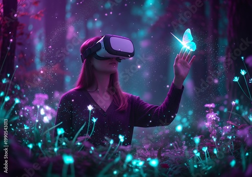 Woman in VR headset touching glowing butterfly in forest