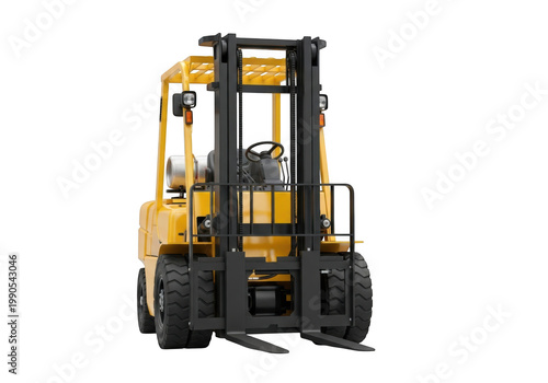 A yellow forklift with black tires and forks